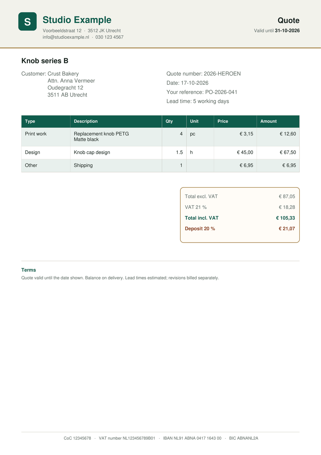 Example quote PDF from Studio Example for Crust Bakery, with line items, VAT and total